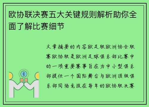 欧协联决赛五大关键规则解析助你全面了解比赛细节