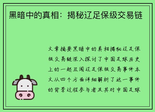黑暗中的真相:揭秘辽足保级交易链 黑暗中的真相:揭秘辽足保级交易链