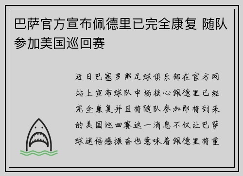 巴萨官方宣布佩德里已完全康复 随队参加美国巡回赛 巴萨官方宣布佩德里已完全康复 随队参加美国巡回赛